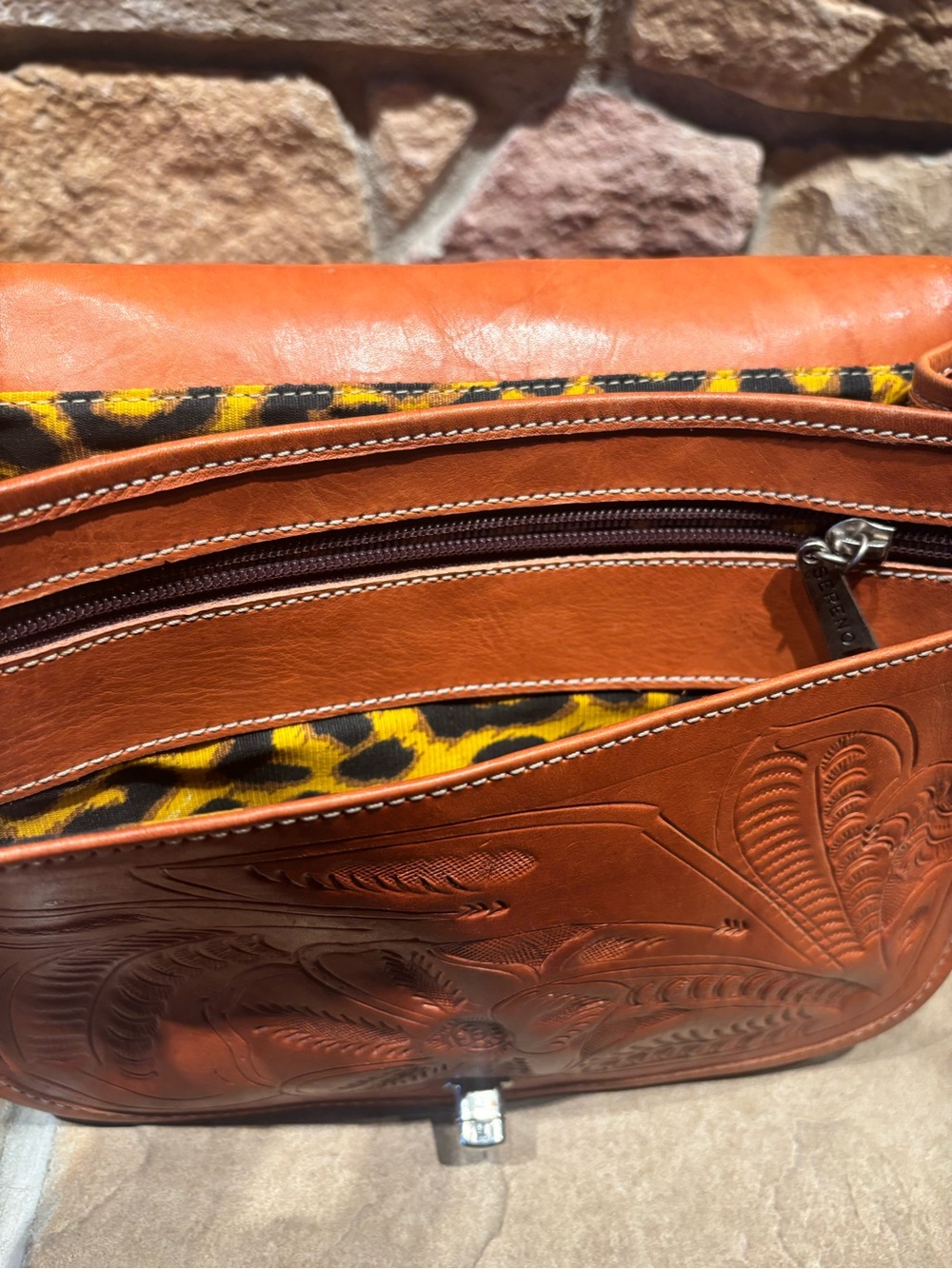 Sereno Vintage Tooled Leather Crossbody Bag in Caramel with Floral Design - Picture 10 of 13